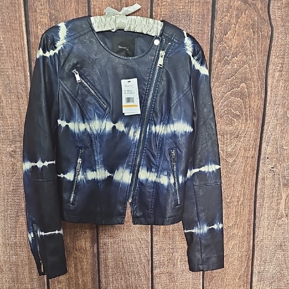 Skinnygirl Navy and White Tie Dye FAUX Leather Jacket Sz Sm. NWT